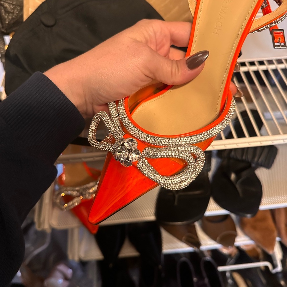 MACH & MACH Vibrant Orange Heels with Sparkling Silver Bow